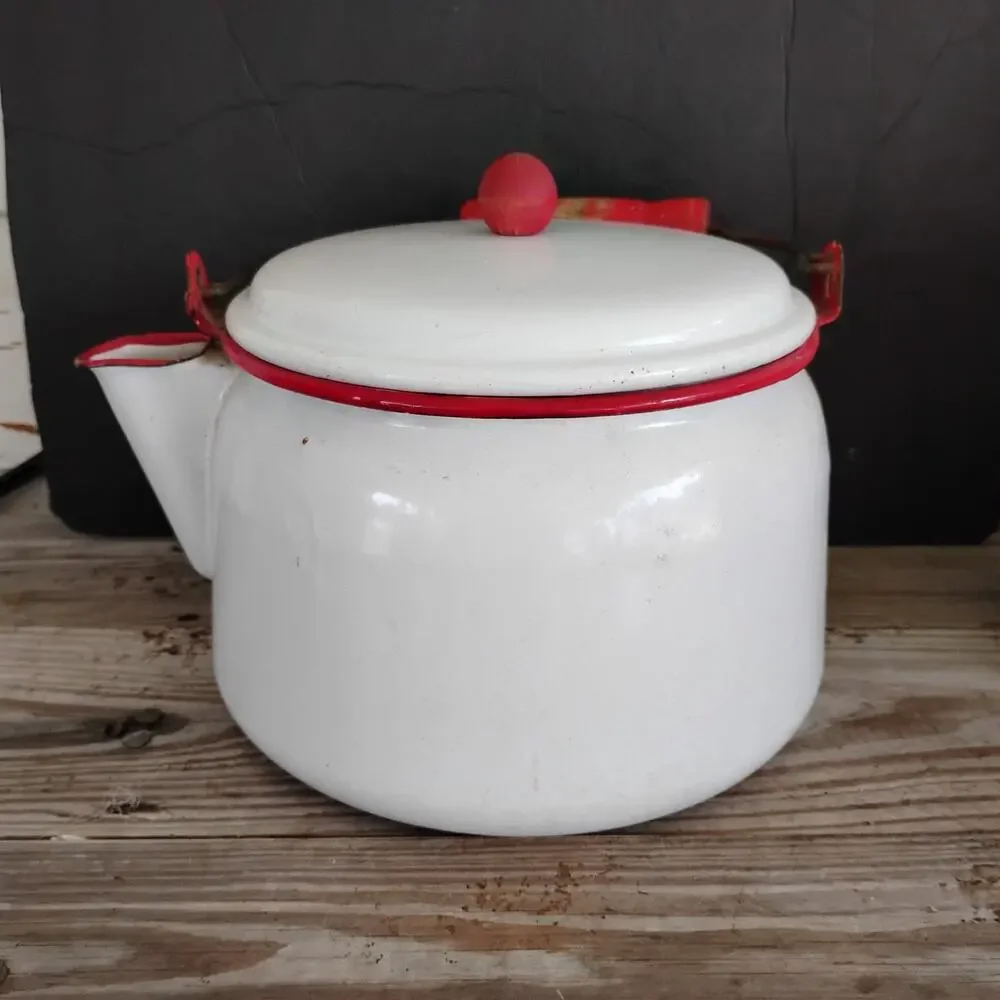 🏕️🚙Enamelware Kettle Coffee Pot White Red Wood Handle Farmhouse Camp Cowboy
